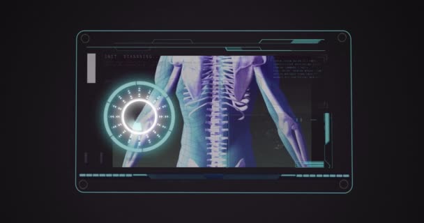 スコープスキャンと人体が画面上で回転するアニメーション 世界中の医療 データ処理 デジタルインターフェースの概念がデジタルで生成されたビデオ — ストック動画