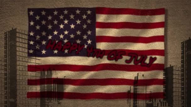 7月4日欢快的第四部动画胜过了国旗和城市景观 美国的爱国主义 独立和庆祝概念数码视频 — 图库视频影像