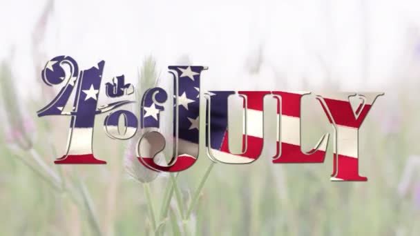 Amerikan Bayrağı Çim Üzerinde Temmuz Metninin Animasyonu Amerikan Vatanseverliği Bağımsızlık — Stok video