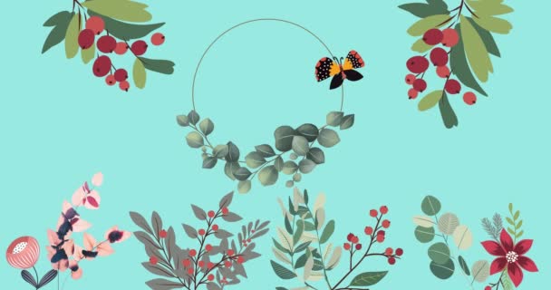 Animación Por Ciento Texto Sobre Mariposas Flores Moviéndose Movimiento Hipnótico — Vídeo de stock