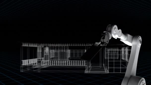Animación Del Brazo Del Robot Sobre Casa Giratoria Diseño Interiores — Vídeos de Stock