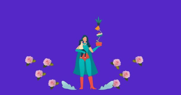 Animasi Superhero Ibu Dengan Putri Dan Tanaman Bunga Bergerak Dalam — Stok Video