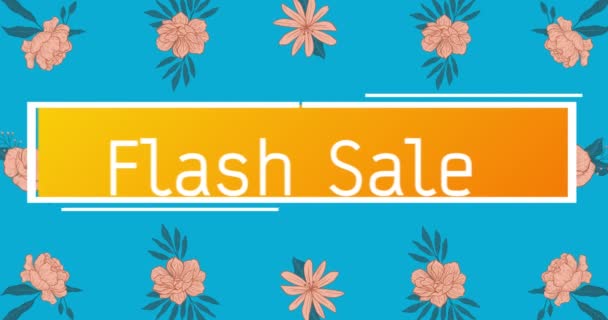 Animation Des Flash Verkaufstextes Über Banner Und Blumen Die Sich — Stockvideo