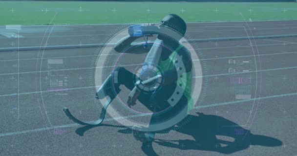 Animatie Van Digitale Gegevensverwerking Gehandicapte Mannelijke Atleet Met Stromend Lemmet — Stockvideo