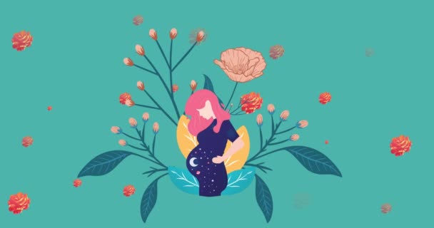 Animation Pregnant Woman Flowers Spinning Hypnotic Motion Green Background Motherhood — Stock Video