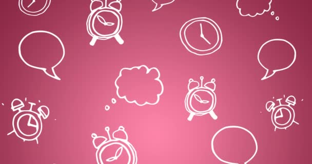 ピンクの背景をスクロールする白いアウトライン目覚まし時計 スピーチや思考泡のアニメーション 学校教育と研究の概念をデジタルで生成し — ストック動画