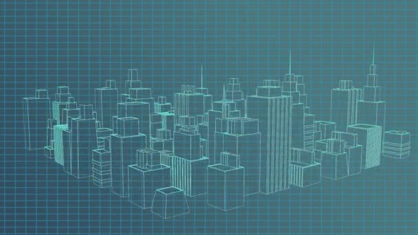 グリッド上に回転する3D建築都市のアニメーション 世界規模のアーキテクチャ データ処理 デジタルインターフェースの概念はデジタルで生成されたビデオ — ストック動画