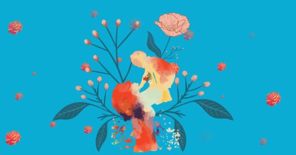 Анімація Матері Дитини Квіти Обертаються Гіпнотичним Рухом Синьому Фоні Материнство — стокове відео