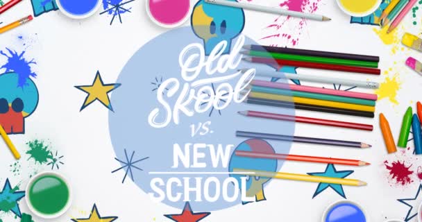 Animation Old Skool New School Text Blue Circle Moving Stationery — Vídeo de Stock