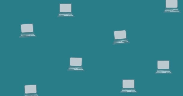 重复的灰色笔记本电脑在中蓝色背景上移动的动画 教育及学习概念数码录影 — 图库视频影像