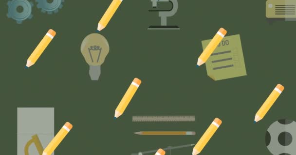 Animation Repeated Yellow Pencils Moving Green School Equipment Icons School — Stock Video