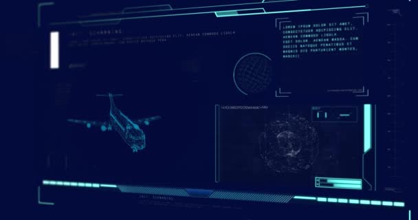 Animación Del Dibujo Del Avión Con Escaneo Alcance Procesamiento Datos — Vídeos de Stock