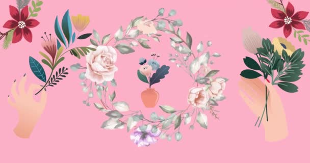 Animation Fleurs Déplaçant Mouvement Hypnotique Sur Fond Rose Couleur Nature — Video