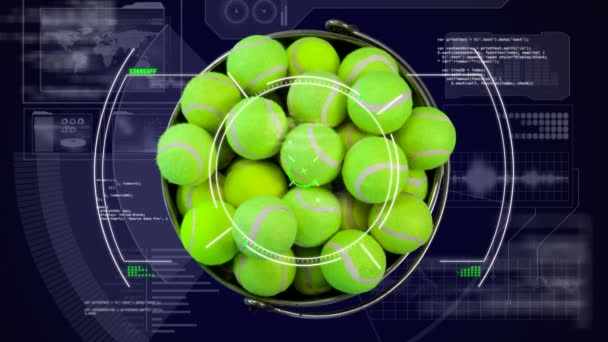 Animación Procesamiento Datos Digitales Pantalla Sobre Pelotas Tenis Deportes Globales — Vídeos de Stock