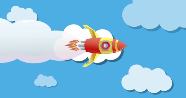 カラフルなバック2つの学校のテキストと青い空に雲の上に鉛筆を飛んでロケットのアニメーション 学校教育と研究の概念をデジタルで生成し — ストック動画