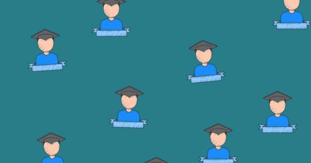 重复学生图标在中蓝色背景上移动的动画 教育及学习概念数码录影 — 图库视频影像