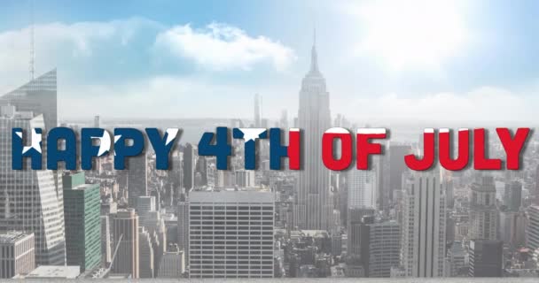 Animação Feliz Texto Julho Sobre Paisagem Urbana Patriotismo Americano Independência — Vídeo de Stock
