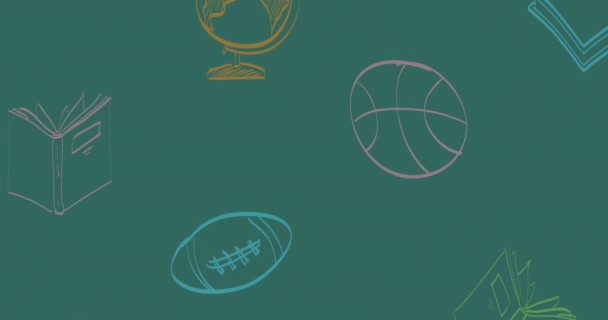 Animation Ballon Sportif Coloré Globe Griffes Livres Déplaçant Sur Tableau — Video