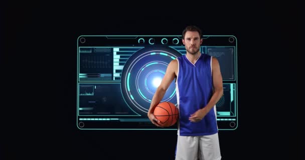 Animacja Zakresu Skanowania Przetwarzania Danych Męskim Koszykarzem Globalny Sport Technologia — Wideo stockowe