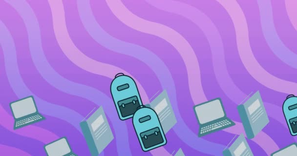 Анимация Школьных Мешков Книг Ноутбуков Плавающих Над Фиолетовыми Волнистыми Линиями — стоковое видео