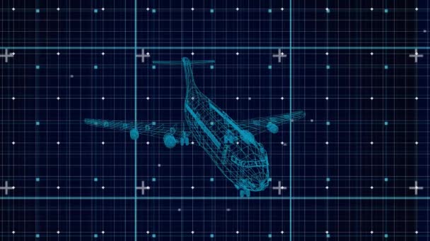 グリッド上で回転する3D飛行機図面のアニメーション Pグローバル航空業界 データ処理とデジタルインターフェースの概念デジタル生成されたビデオ — ストック動画