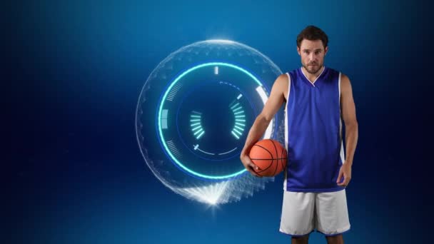 Animation Der Scanner Und Datenverarbeitung Mit Männlichen Basketballspieler Globaler Sport — Stockvideo