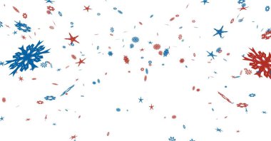 Beyaz zemin üzerinde mavi ve kırmızı yıldızların ve kar tanelerinin dijital olarak oluşturulmuş görüntüsü. doku ve tasarım ile teknoloji arkaplanı