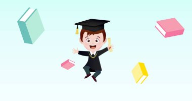 Çizgi film çocuğu ve soluk mavi arka planda yüzen kitapların kompozisyonu. okul, eğitim ve öğrenim konsepti dijital olarak oluşturulmuş imaj.