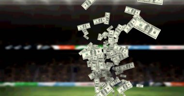 Arka plandaki spor stadyumuna düşen Amerikan dolarlarının dijital görüntüsü. küresel finans ve spor kavramı