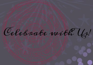 Çiçek tasarımları ve gri arka planda mor lekeler karşısında mesajlaşmamızı kutlayın. davet kart şablonu tasarım kavramı