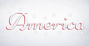 Amerika metninin dijital görüntüsü beyaz arkaplanda birden fazla yıldıza karşıdır. Amerika 'nın bağımsızlık şablonu arka plan tasarım kavramı