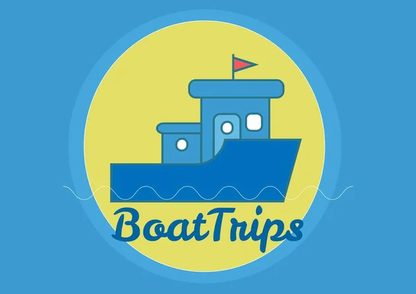 青のボートや太陽のデザインとボート旅行のテキストの構成 休日や旅行ガイドのデザインテンプレートコンセプトデジタルで生成された画像 — ストック写真
