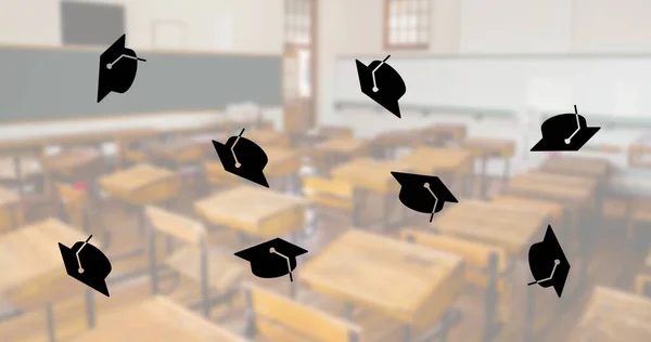 Composition Repeated Mortarboards Floating Desks Empty Classroom School Education Study — Stock Photo, Image