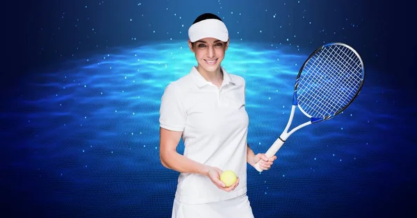 青色の背景にデジタル波に対してラケットとテニスボールを保持する女性テニス選手 スポーツ競技とトーナメントのコンセプト — ストック写真