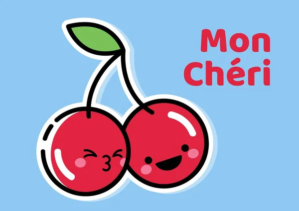 Složení Textu Mon Cheri Usmívajícími Třešněmi Modrém Pozadí Koncept Ovoce — Stock fotografie