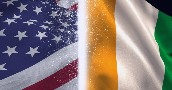 Composition Drapeaux Irlandais Américains Gonflants Divisés Par Une Ligne Blanche — Photo