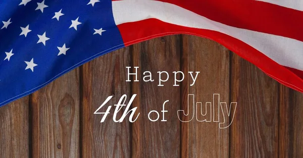 Šťastný Den Nezávislosti Text Proti Americké Vlajce Dřevěném Pozadí Americká — Stock fotografie