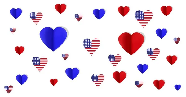 Composition Blue Red American Flag Heart Shapes Floating White Background — Stock Photo, Image