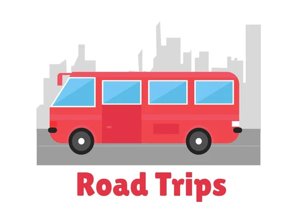 Σύνθεση Του Οδικού Trip Text Κόκκινο Van Και Cityscape Λευκό — Φωτογραφία Αρχείου
