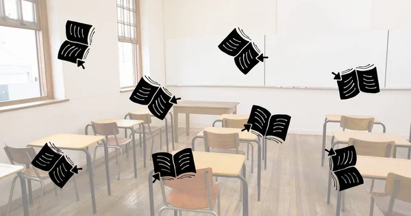 Composição Livros Abertos Com Cursores Flutuando Sobre Sala Aula Vazia — Fotografia de Stock