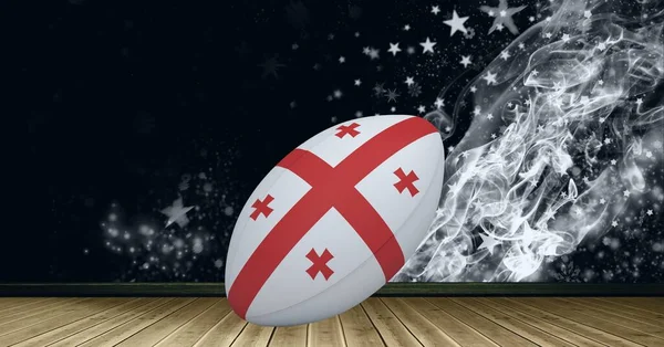 Georgia Flag Rugby Ball Wooden Surface Smoke Effect Stars Black — Stock Photo, Image