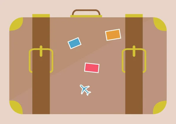 复古行李箱的成分 带有米色背景的贴纸 旅行和假日概念数码图像 — 图库照片