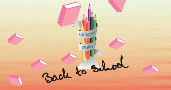 作文回到学校 用粉红的书和学校的便宜货铅笔 用橙色 教育和学习概念数字生成的图像 — 图库照片
