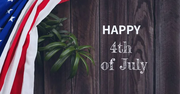 Sammansättning Text Glad Juli Med Amerikansk Flagga Och Plantera Trä — Stockfoto