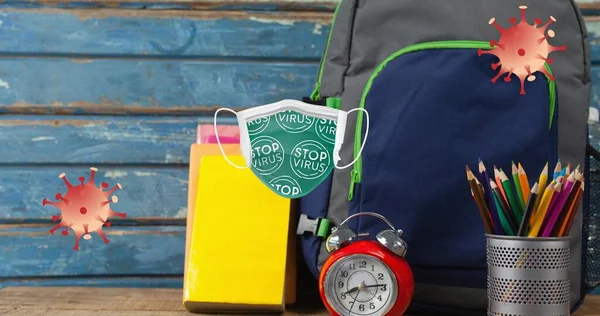 Samenstelling Van Covid Virussen Stop Virus Masker Schooltas Gezichtsmaskers Klok — Stockfoto