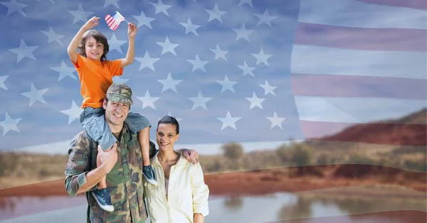 Composition Portrait Smiling Soldier Wife Son Holding American Flag United — Stock Photo, Image