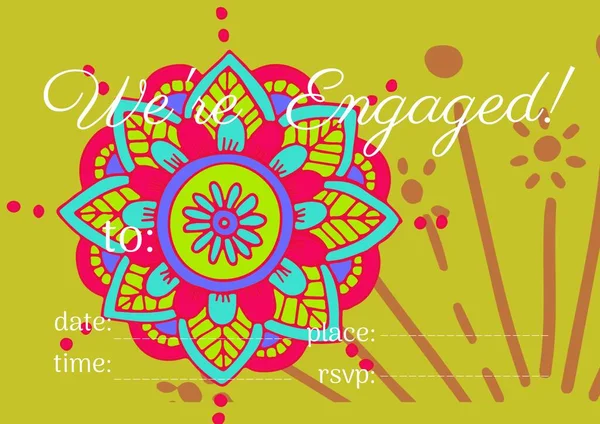 Engaged Text Copy Space Colorful Decorative Floral Designs Yellow Background — Stock Photo, Image