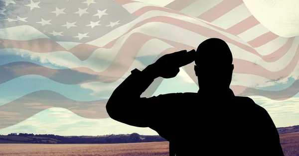 Composition Silhouette Saluting Soldier Waving American Stars Stripes Flag Patriotism — Stock Photo, Image