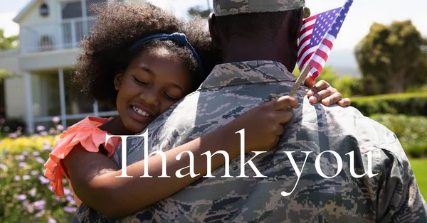 Composition Thank You Text Soldier His Daughter Holding American Flag — Stock Photo, Image