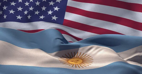 Sammansättning Argentinsk Och Amerikansk Flagga Böljande Tillsammans Patriotism Oberoende Partnerskap — Stockfoto